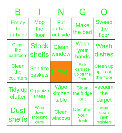 Cleaning Bingo Card