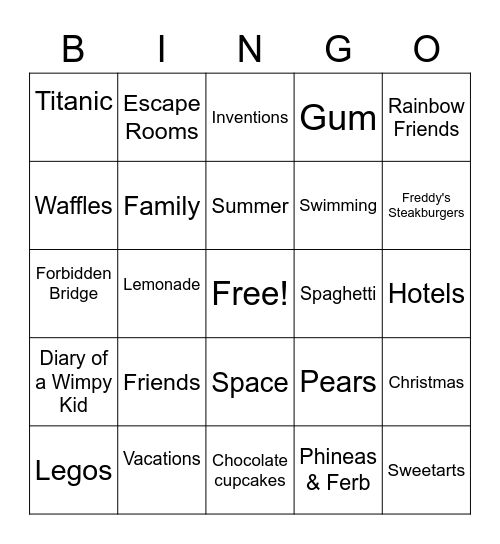 BRADEN'S FAVORITE THINGS Bingo Card