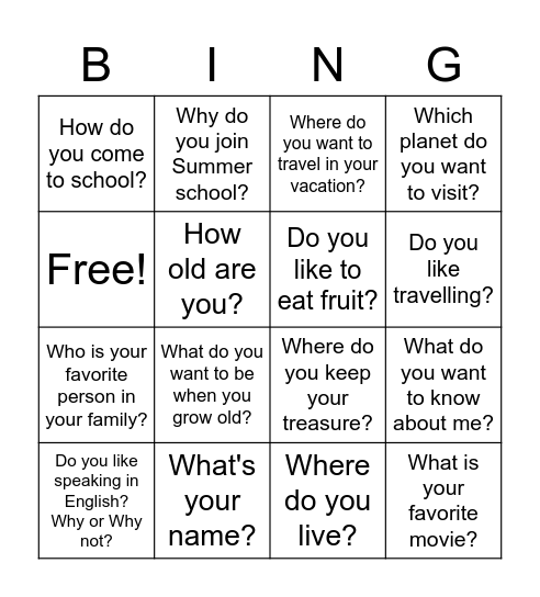 Let me know about you. Bingo Card