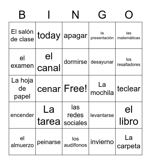 Unit 2 rutina diaria Bingo Card