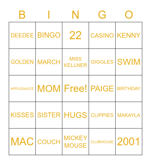 GOLDEN 22 Bingo Card