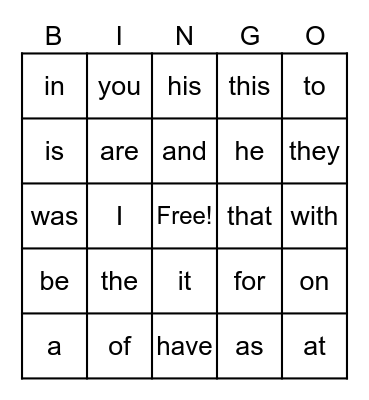 Sight Words 1-25 Bingo Card