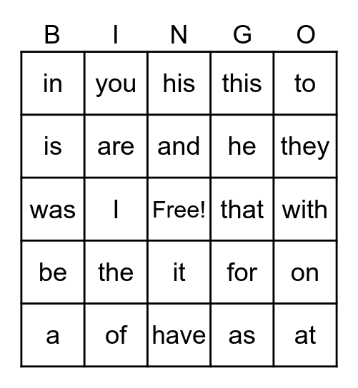 Sight Words 1-25 Bingo Card