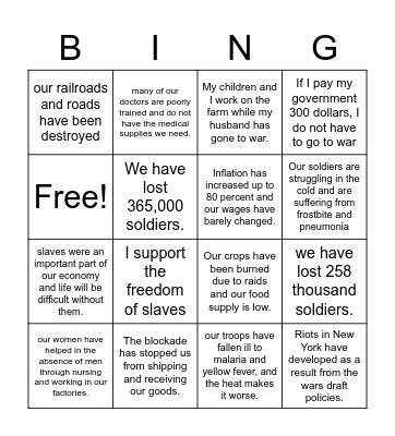 Civil war hardships Bingo Card
