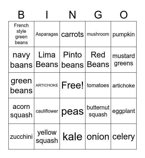 Vegetable Bingo Card