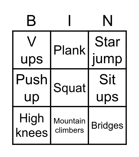 Fitness Bingo Card