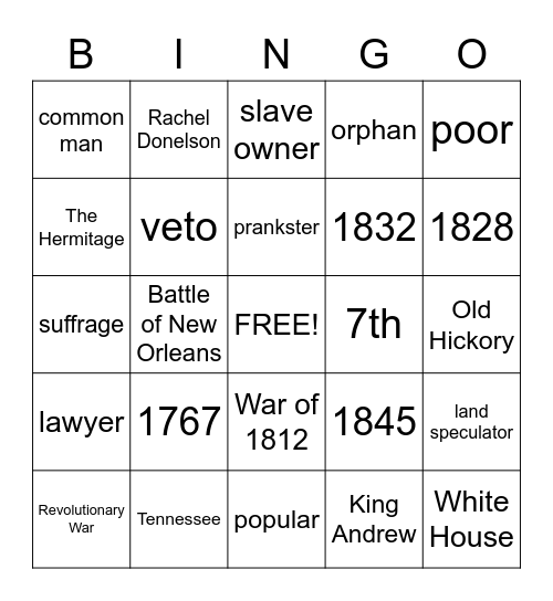 Andrew Jackson Bingo Card