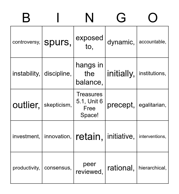 Treasures 5.1, Unit 6 Vocabulary Bingo Card