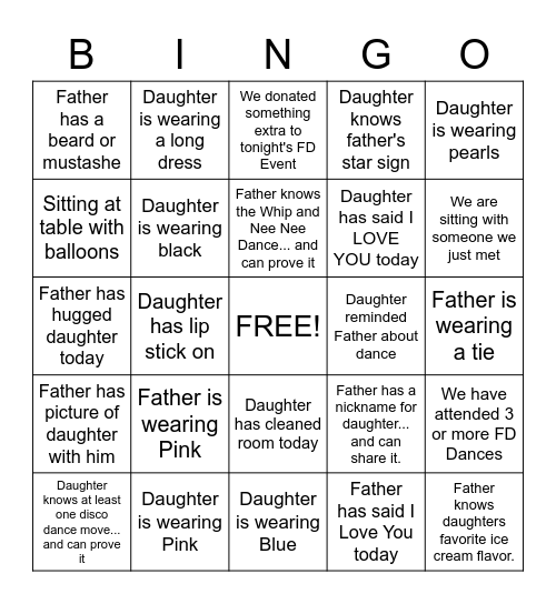 Father Daughter Dance Bingo Card