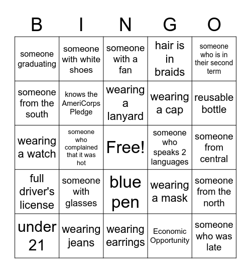 AmeriCorps Bingo Card