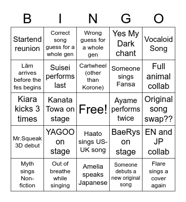 4th Fes (Our Bright Parade) Predictions Bingo Card
