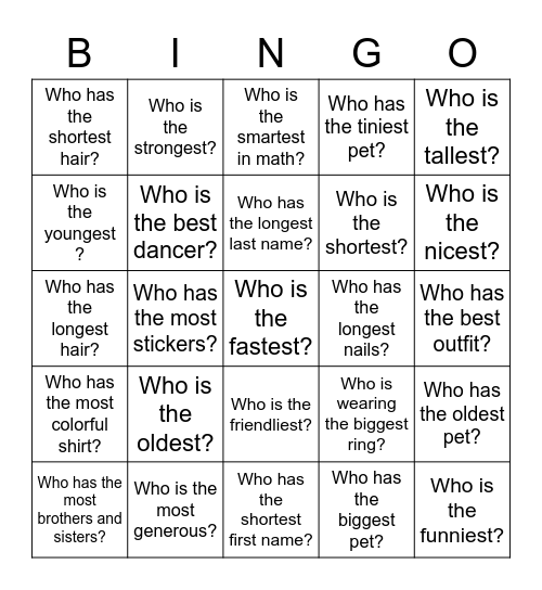 Superlative and Comparative Bingo Card