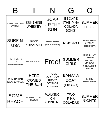 SUMMER SONGS Bingo Card