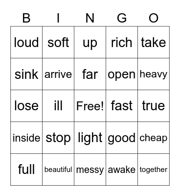 Antonym Bingo Card