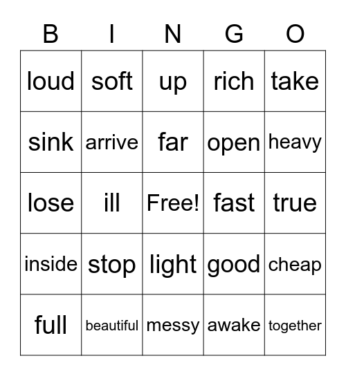 Antonym Bingo Card