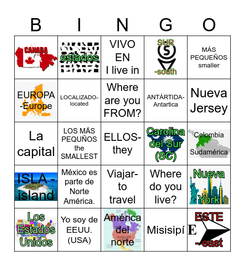 15-Lectura (Reading) Los Estados Unidos Bingo Card