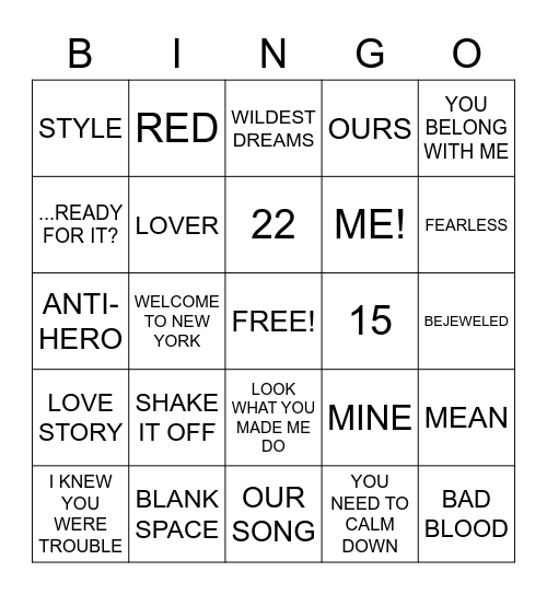 TAYLOR SWIFT Bingo Card