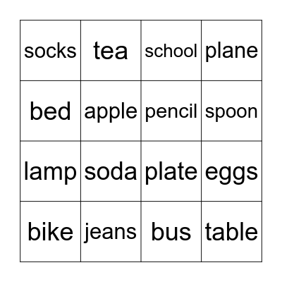Objects Bingo Card