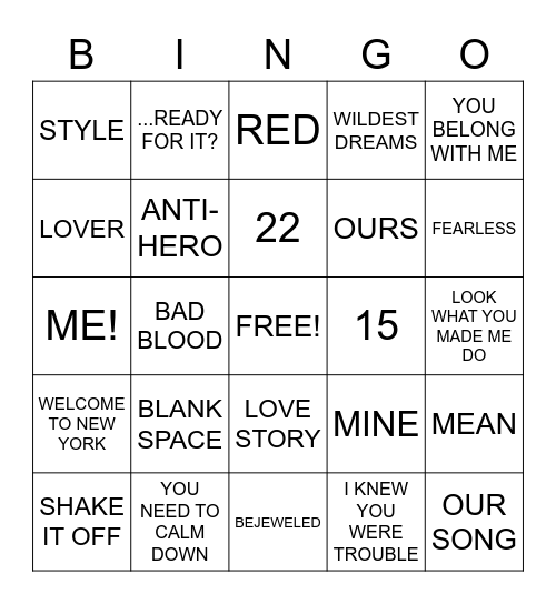 TAYLOR SWIFT Bingo Card