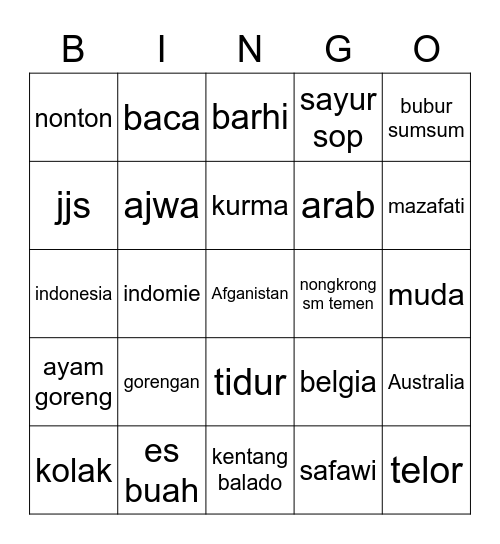 tamacaa Bingo Card