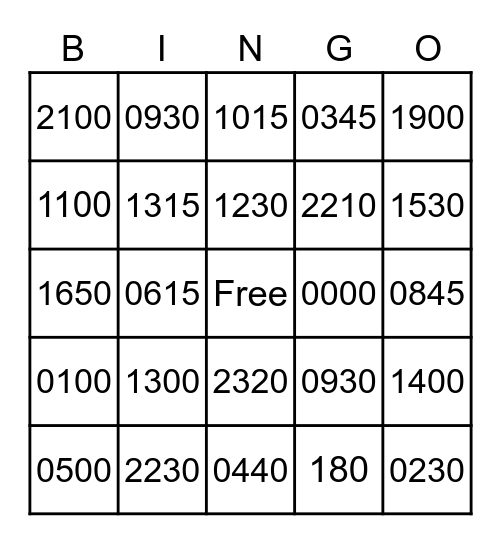 Military Time BINGO Card