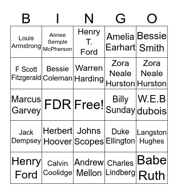 The 1920's Presidents & People Bingo Card