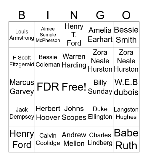 The 1920's Presidents & People Bingo Card