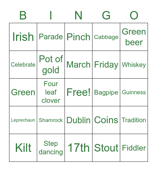 Ops St Patrick's Day Bingo Card