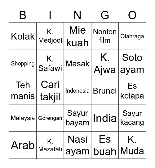 Kurma Bingo Card