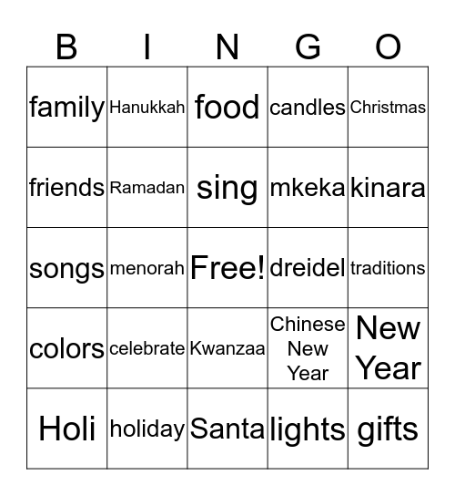 Holidays Bingo Card