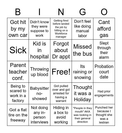 Candidate Bullshit Excuses Bingo Card