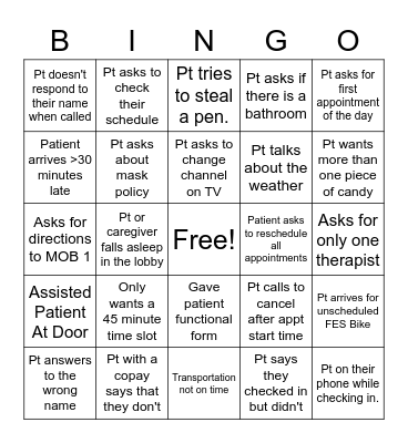 Medical Front Desk Bingo Card