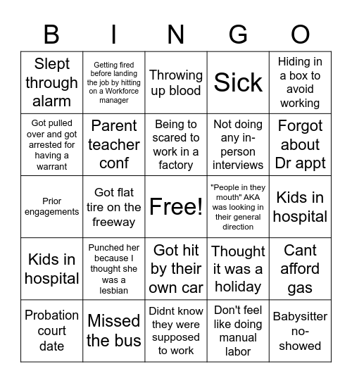 Candidate Bullshit Excuses Bingo Card