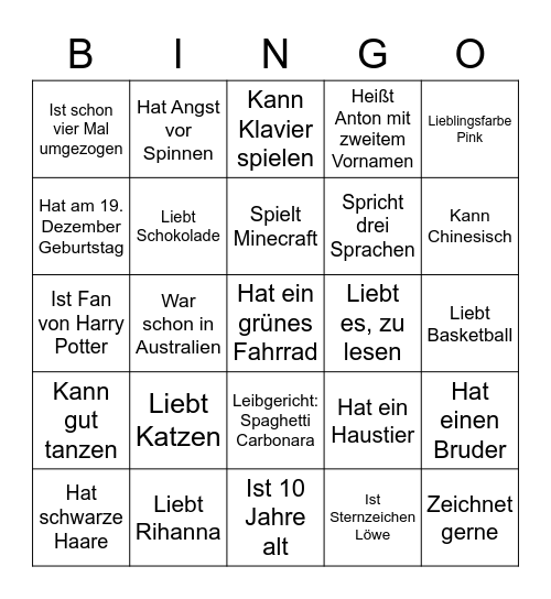 NAMENS- Bingo Card