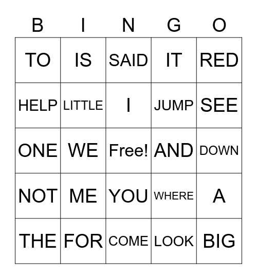 Sight Word Bingo Card