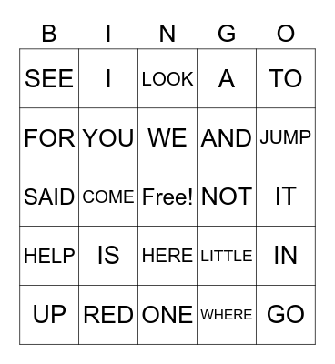 Sight Words Bingo Card