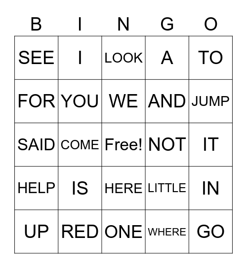 Sight Words Bingo Card