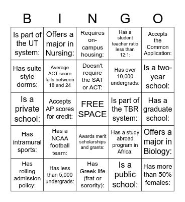 College Fair Bingo Card