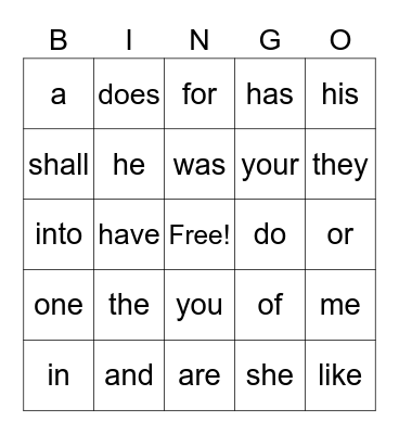 Step 1 Sight Words Bingo Card