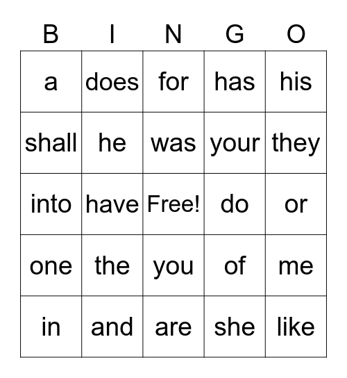 Step 1 Sight Words Bingo Card