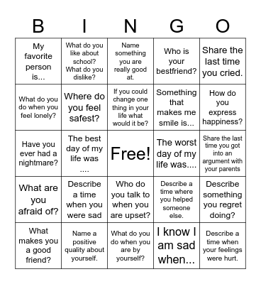 Feelings Bingo Card