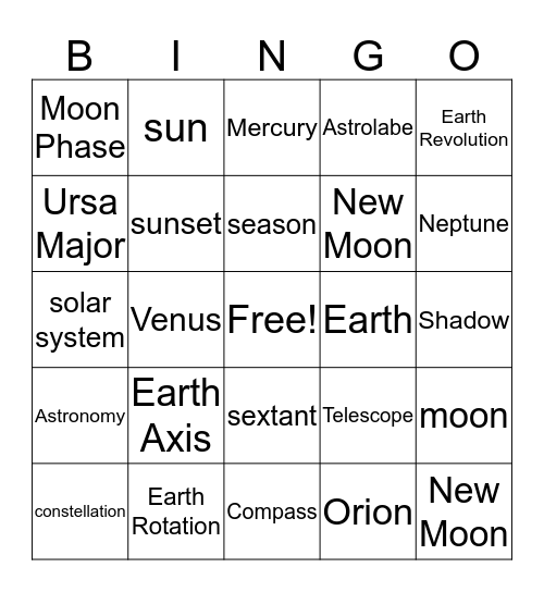 Stars and the Solar System BINGO Card