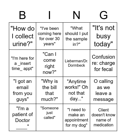 Receptionist Bingo Card