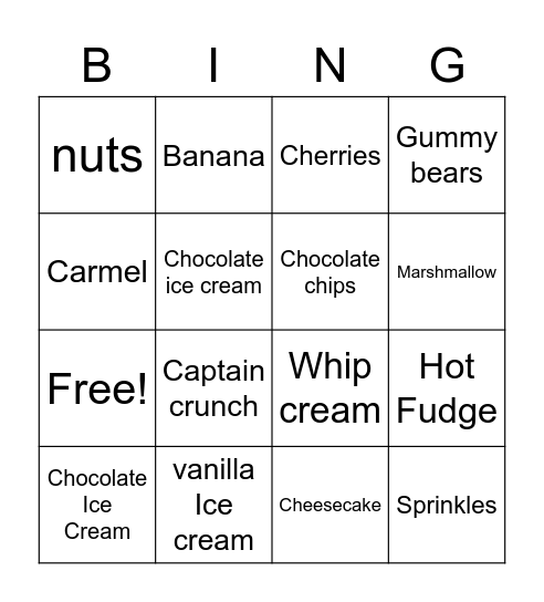 Ice Cream Bingo Card