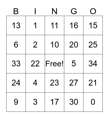 Number Recognition Bingo Card