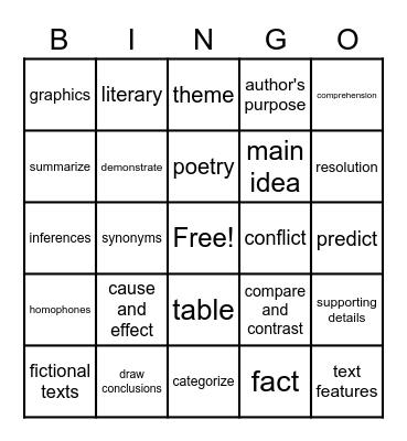 Reading Vocabulary Bingo Card