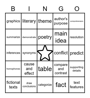 Reading Vocabulary Bingo Card