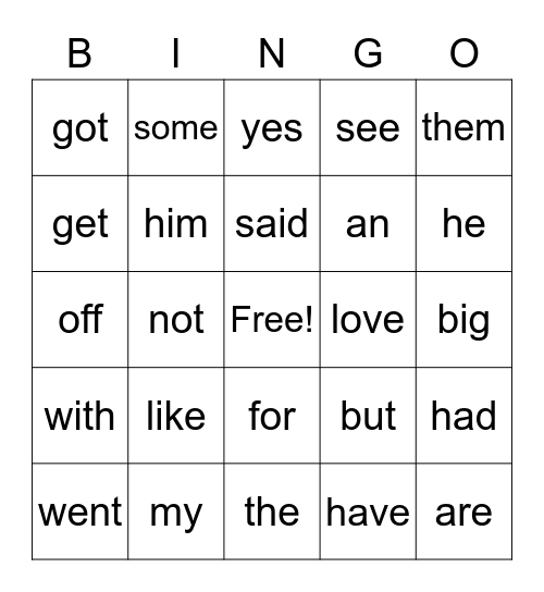 Kindergarten HFW Bingo Card