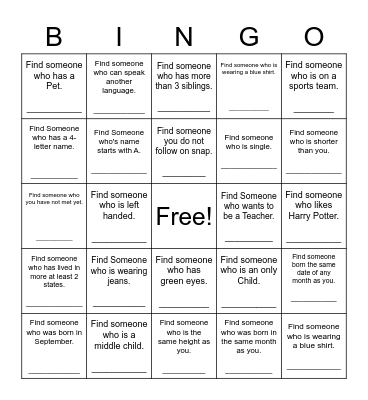 Find Someone Who Bingo Card