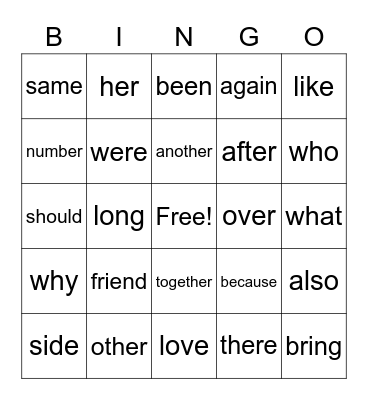 First Grade HWF Bingo Card